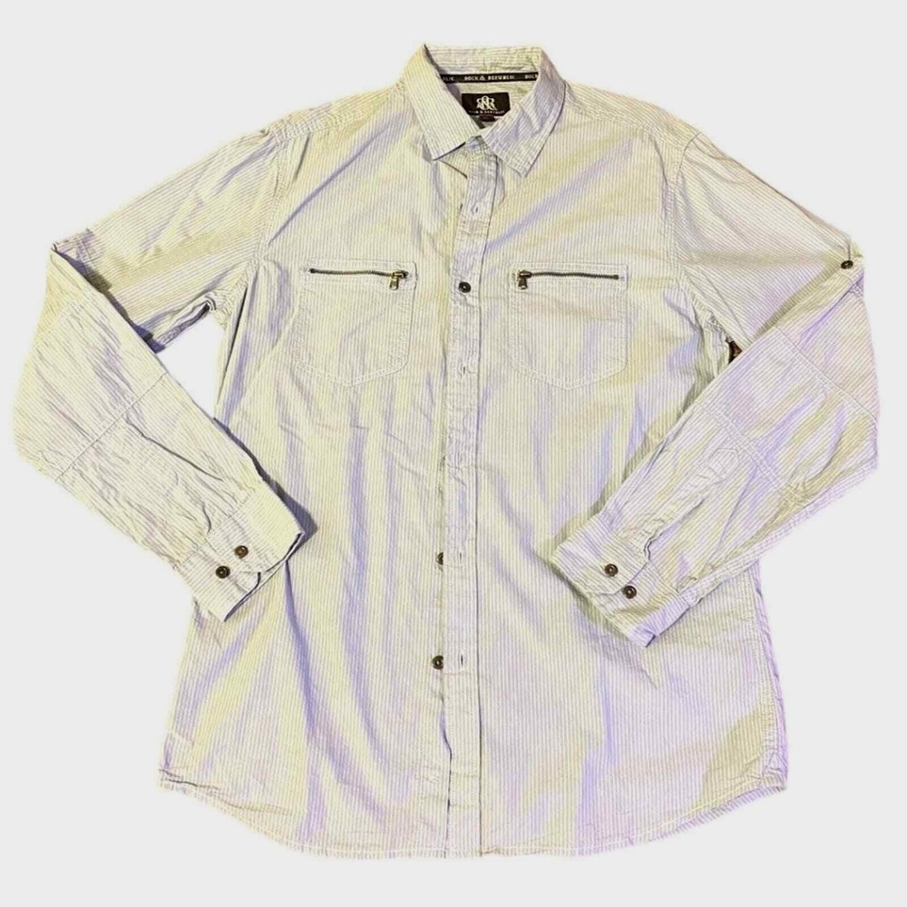 Rock & Republic blue and white vertical stripe button front long sleeve  men's M